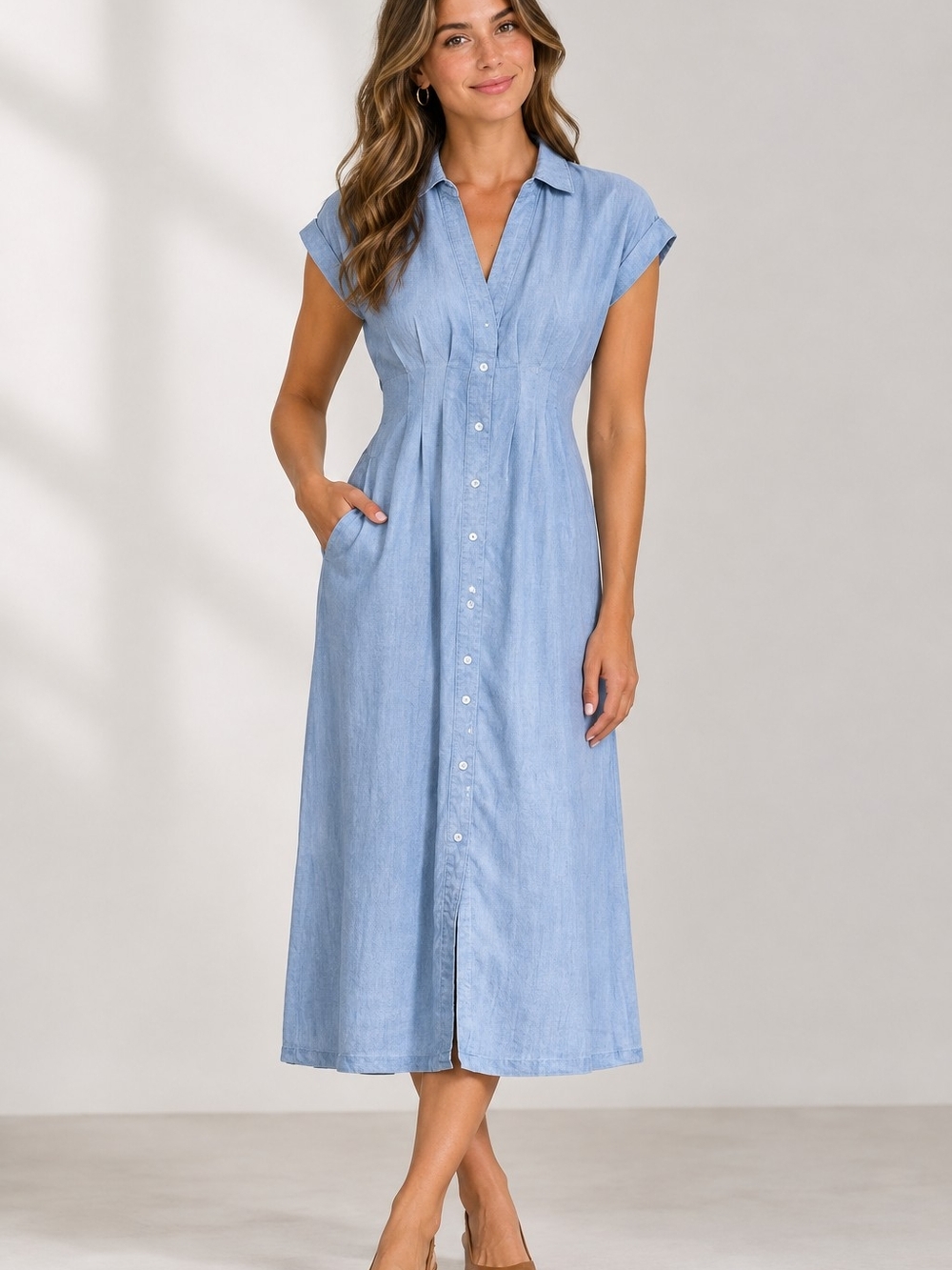 Elan Light Blue Chambray Button-Front Midi Dress
